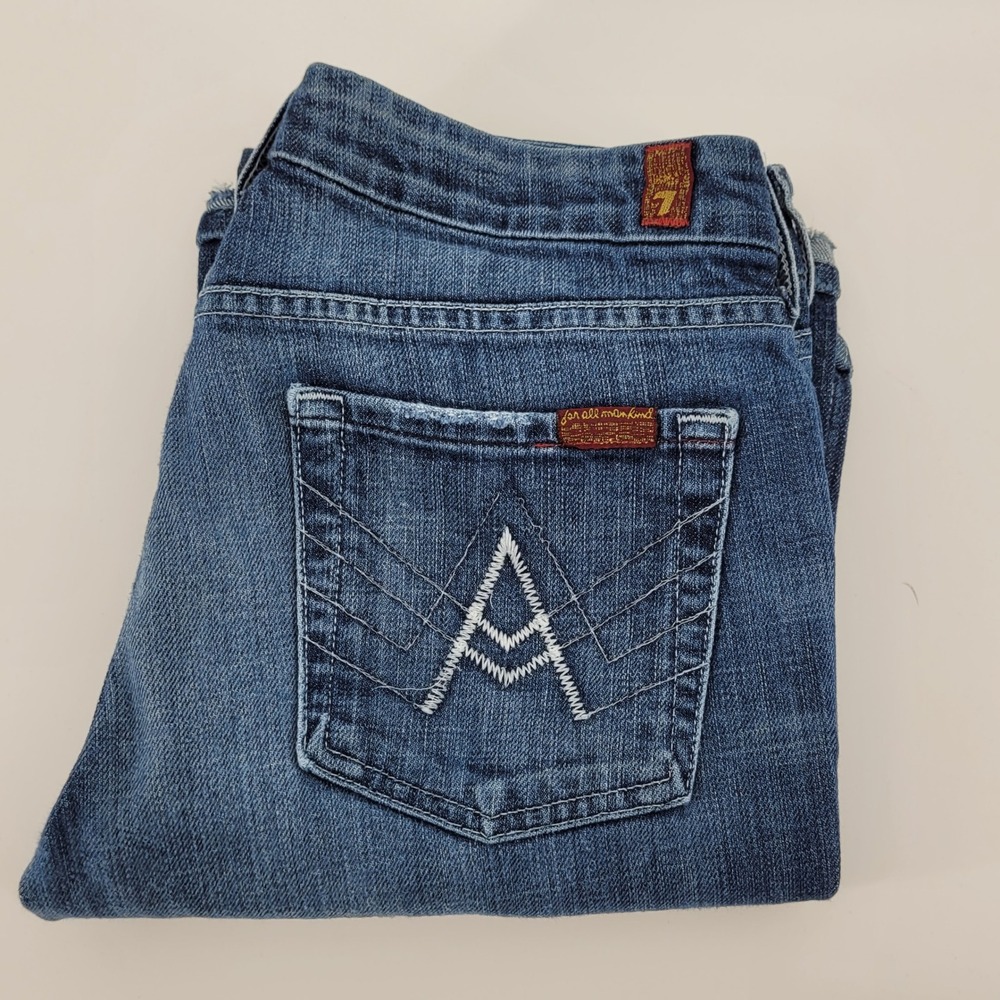 7‎ For All Mankind A Pocket Flare Jeans 28 Blue Stretch Raw Hem Womens Seven